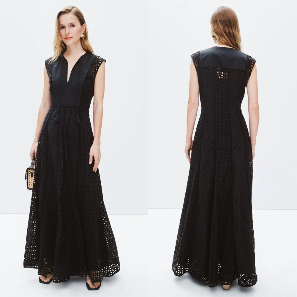 Veronica Beard Alina Dress Broderie Anglaise Cotton Sleeveless Maxi Black 0